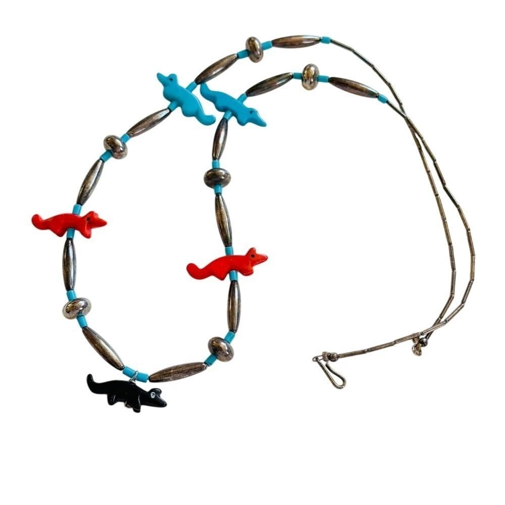 VTG Native American Turquoise Coral‎ Coyote Necklace Navajo Pearl Silver 26" 23g